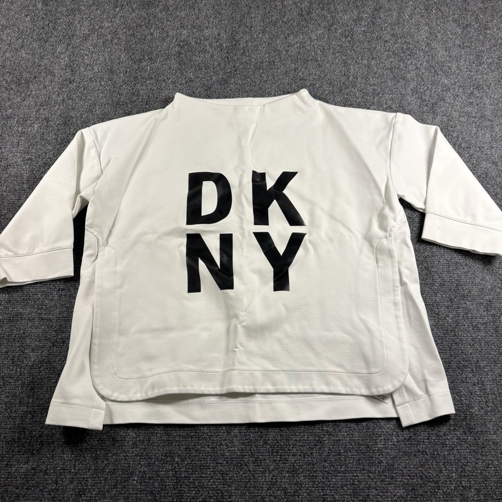 DKNY Sport Top Women Large White 3/4 Sleeve Mock Neck Logo DP9T7103 Athleisure